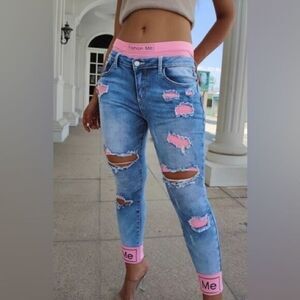 Colorblock Roll Hem Distressed 2-In-1 Crop Jeans Size Large‎